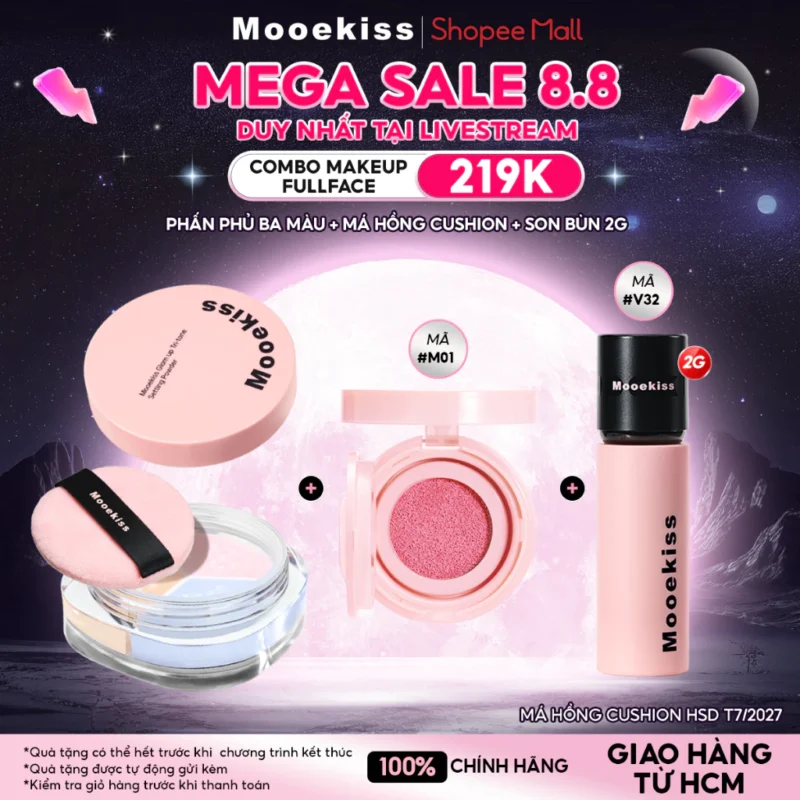 Bộ Trang Điểm Mooekiss Má Hồng Cushion + Phấn Phủ 3 Màu + Lip Mud 2g