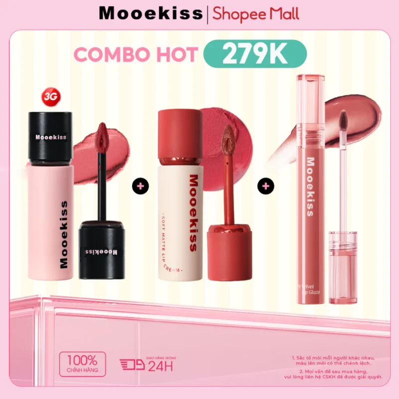 Bộ Son Mooekiss Soft Mist Lip Mud 3g + Water Light Mirror Lip Glaze + Velvet Lip Cream